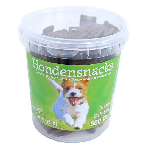 Boony hondensnoepjes semi moist strips lam/rijst, emmer a 500 gram