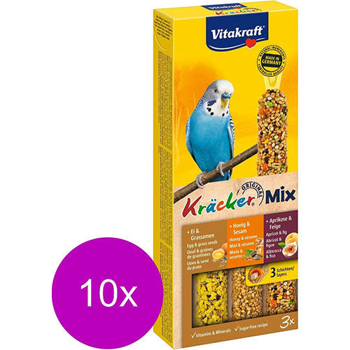 10 x Vitakraft Mix Honig/Sesam-Ei/Grassamen-Apfel/Feigen-Cracker Wellensittich, 3 in 1