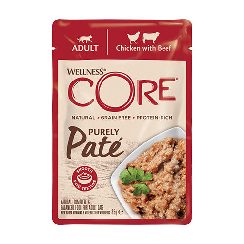 Wellness Core - Purely Pate Kat - Natvoer - Kip/Rundvlees - 85 gram - 8 zakjes