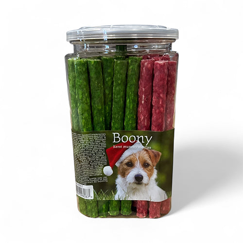 Kerst kauwsnacks in cadeaupot - munchy sticks rood en groen - 450 gram