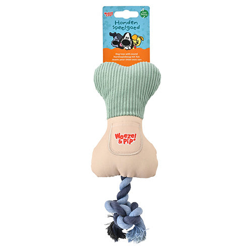 Woezel & Pip Hundespielzeug – Leckerli-Knochen + Seil + Quietscher – Erhältlich in Grün oder Rosa – 20 oder 30 cm