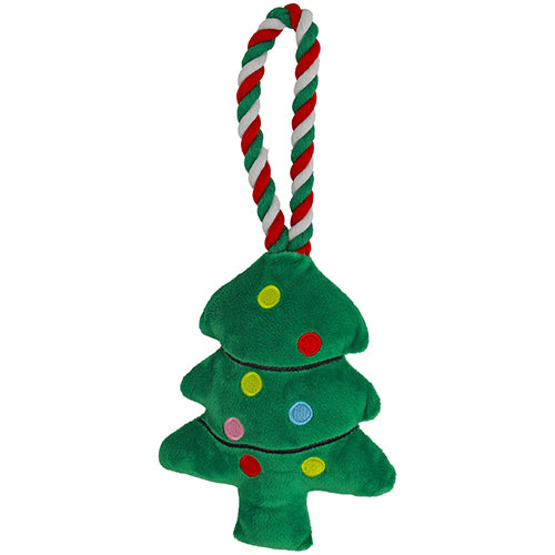 Boon hond speelgoed kerstboom + floss touw groen/rood 35cm