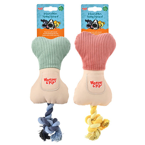 Woezel & Pip Hundespielzeug – Leckerli-Knochen + Seil + Quietscher – Erhältlich in Grün oder Rosa – 20 oder 30 cm