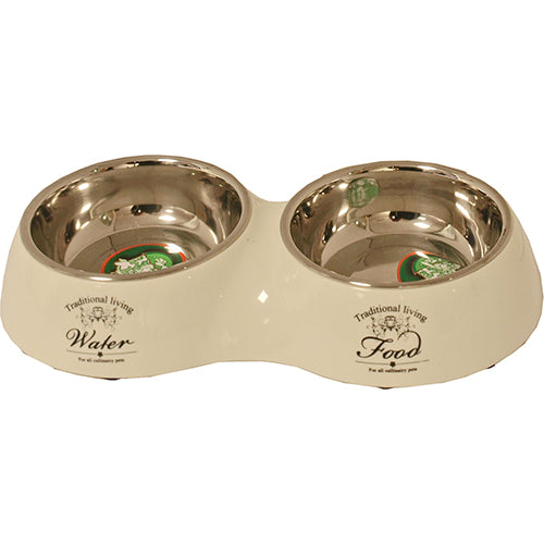 Hundenapf mit doppeltem Wasser- und Futterbehälter - beige - 27 cm.