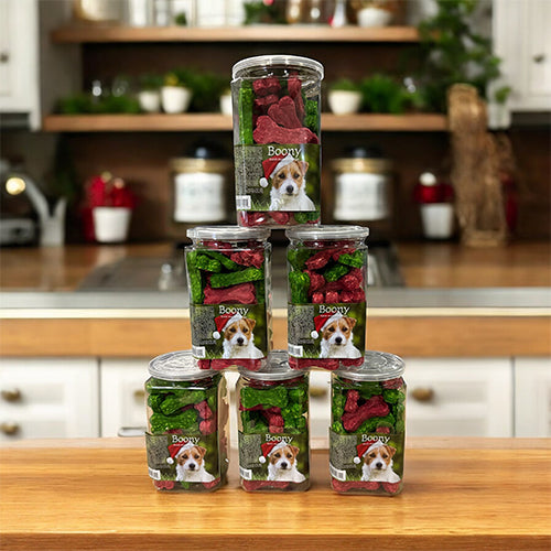 Kerst kauwsnacks in cadeaupot - munchy botjes rood en groen - 380 gram