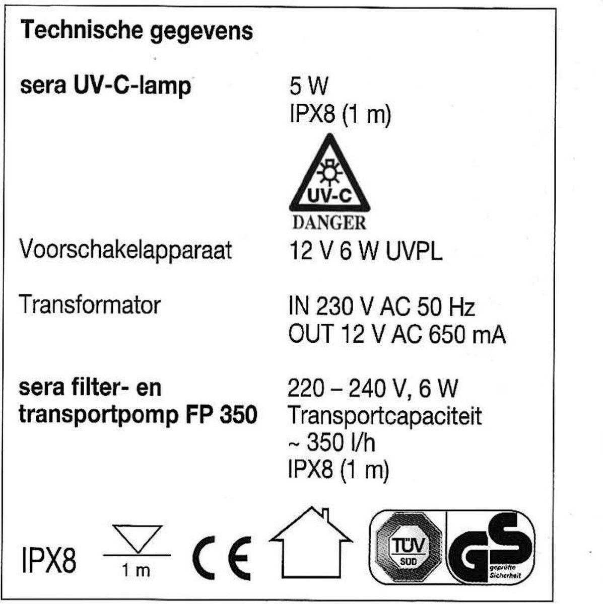 Sera algovec uv interne uv lamp tot 100 liter
