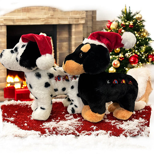 Weihnachtskuscheltier - Hund - Hohoho - Schwarz/Weiß oder Braun mit Quietsche - 30 cm