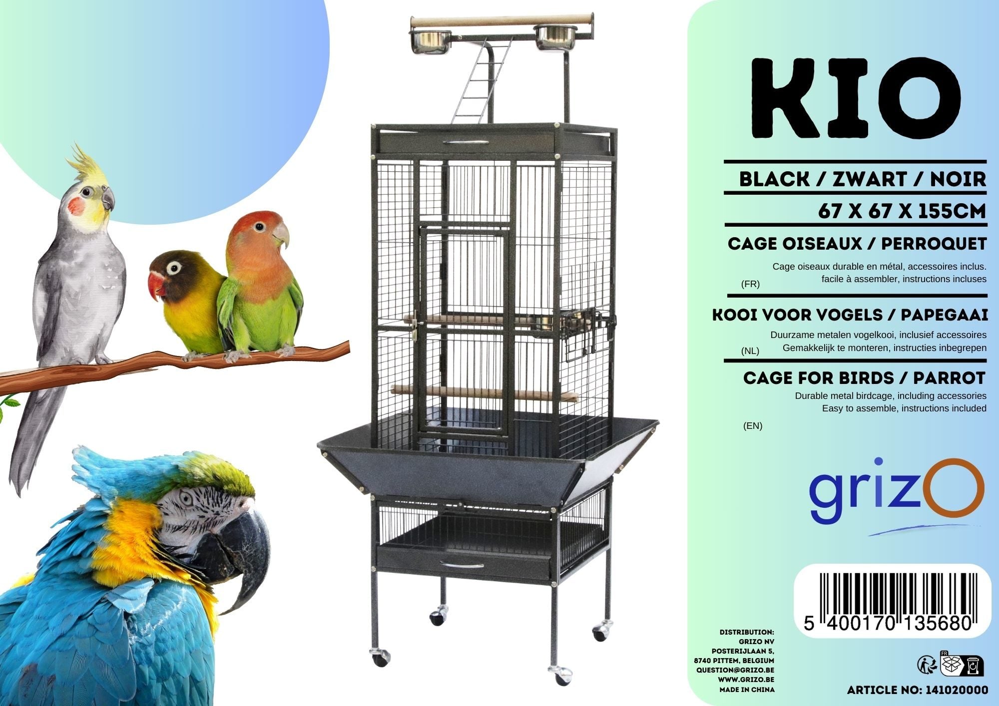 Kio Papageienvogelkäfig, 67 x 67 x 155 cm