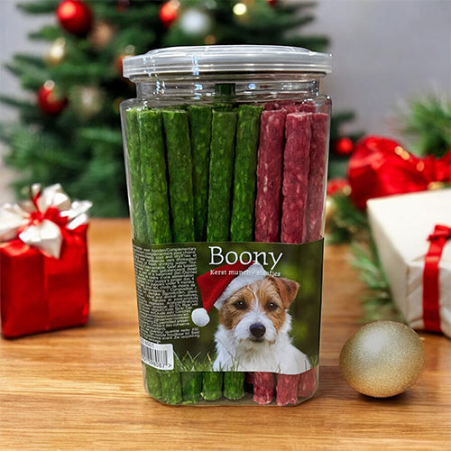 Kerst kauwsnacks in cadeaupot - munchy sticks rood en groen - 450 gram