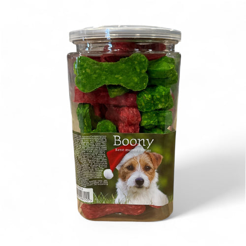 Kerst kauwsnacks in cadeaupot - munchy botjes rood en groen - 380 gram