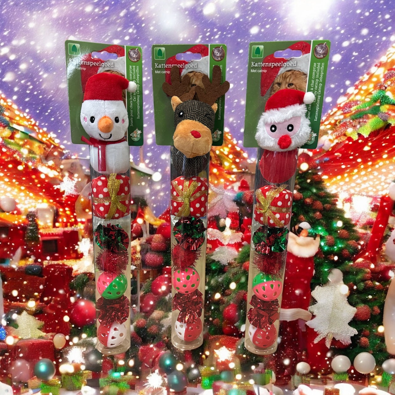 Kerstspeeltjes Voor Katten – Kerstkoker met Pluche & Balletjes - per 1 stuk