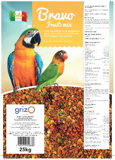 Opfokvoer Bravo fruit mix grof parkieten en papegaaien 1- 5 -25 kg