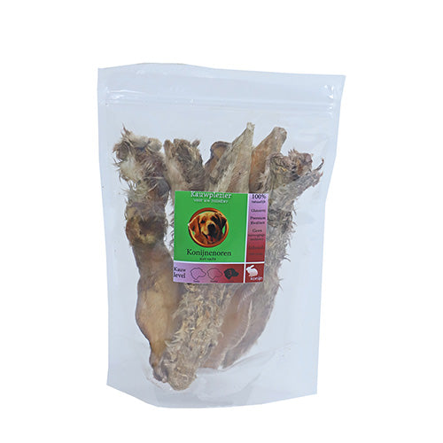 Natuurlijke snack konijnenoren met vacht zak 100 of 250 gram